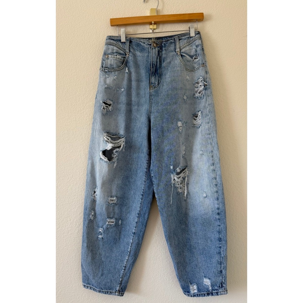 PINKO Ester 7 Egg Distressed Barrel Leg Jeans Light Wash Blue Denim Size 29
